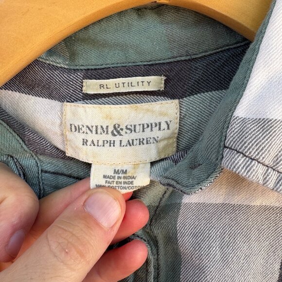 Ralph Lauren Denim & Supply Button Up Shirt Women's Medium Green Grey Plaid - Picture 2 of 7
